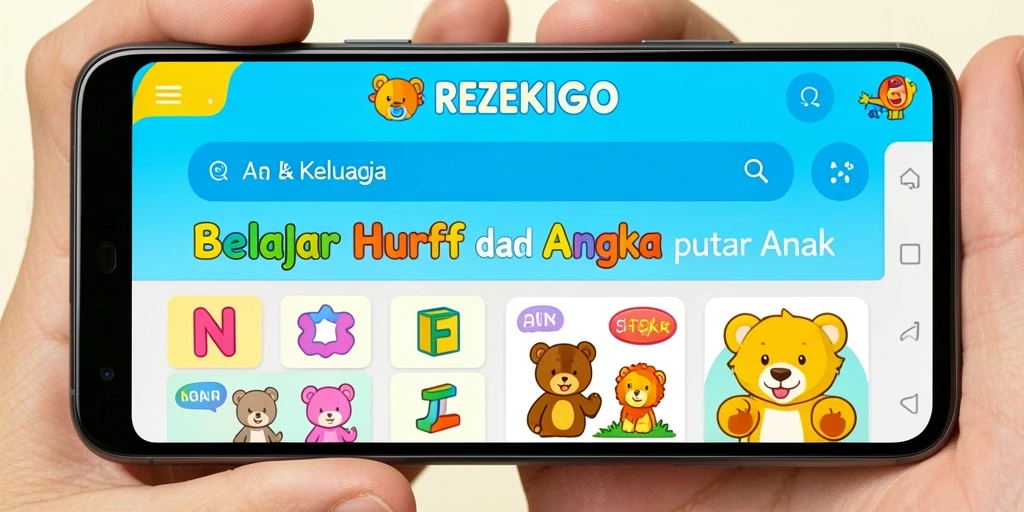 Tampilan antarmuka aplikasi REZEKIGO untuk belajar huruf dan angka.